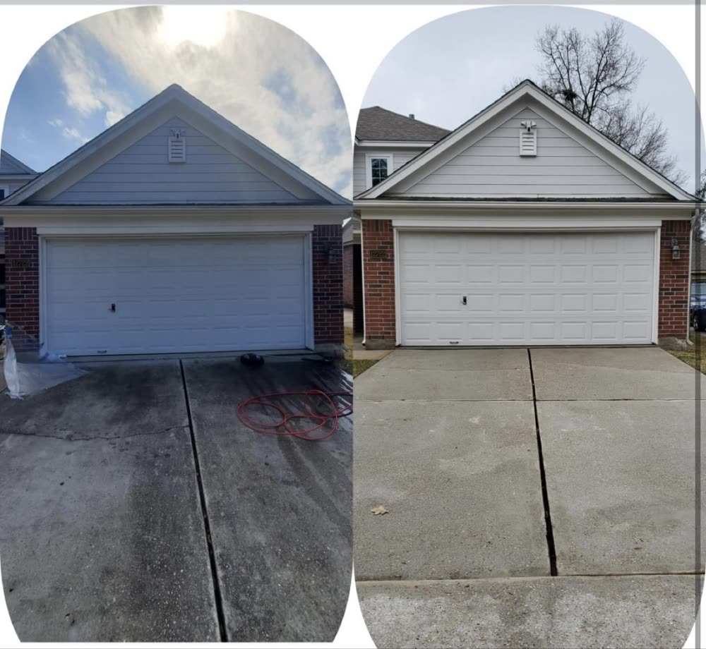 Driveway and garage before and after pressure washing
